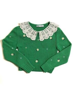 Zara Green Daisy Embroidered Knit Sweater with Lace Peter Pan Collar S